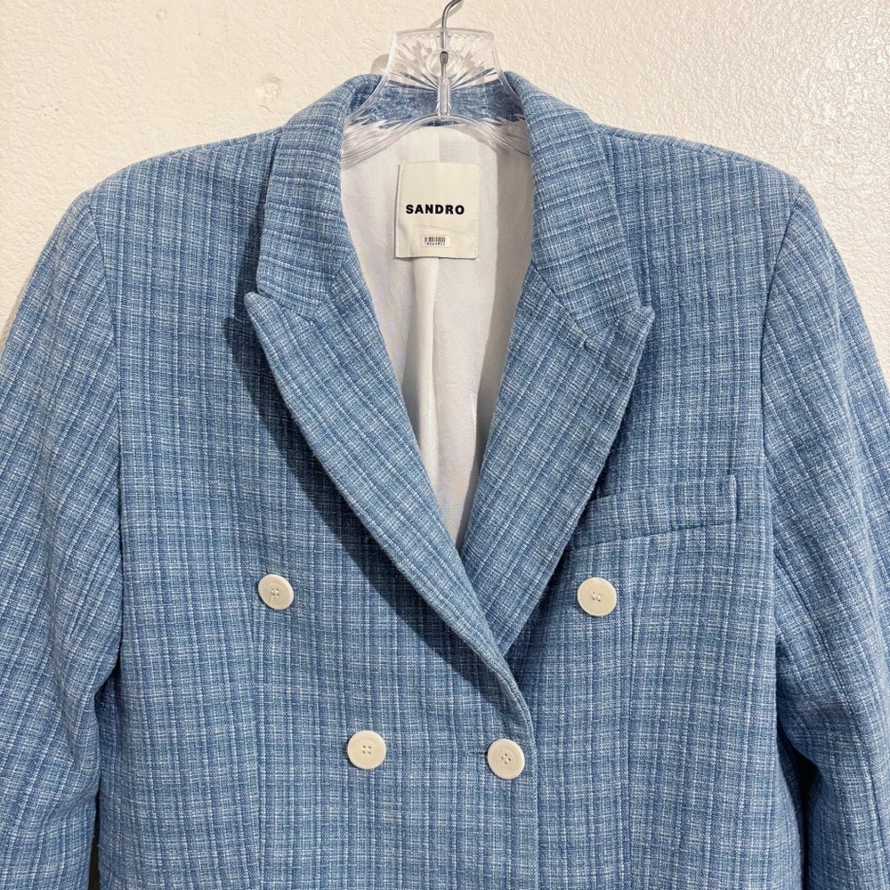 Sandro Nars‎ Double Breasted Tweed Blazer in Blue - Picture 8 of 11